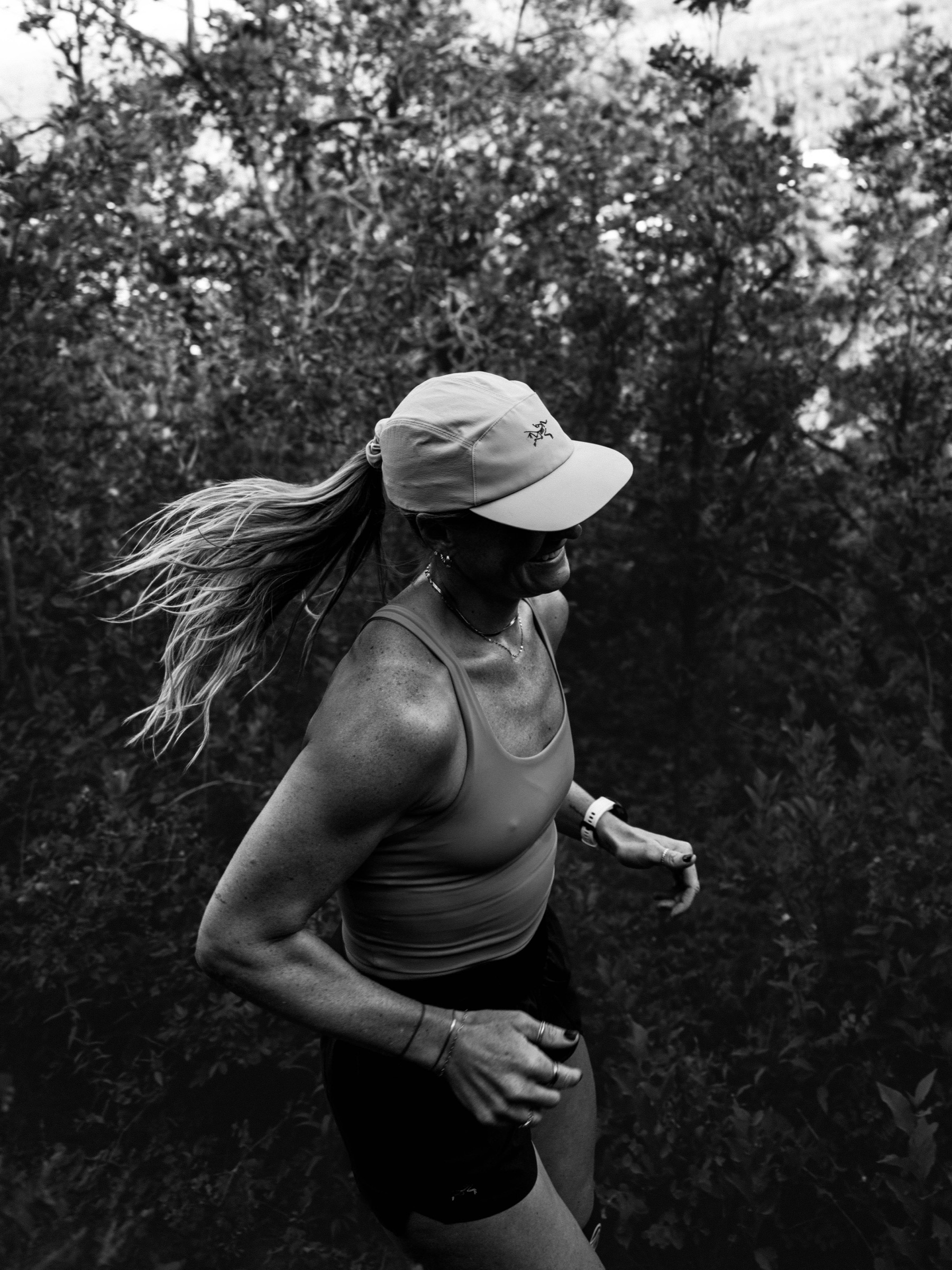 Model in Arc'teryx gear in Colorado mountain terrain